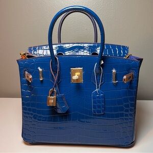 Genuine Blue Leather embossed in Crocodile Print 30cm with gold hardware.